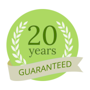 A green circle badge with white laurel leaves on both sides. In the center, it reads "20 years." Across the bottom, a beige ribbon banner displays the word "GUARANTEED" in green capital letters. Greenleaf Excavation Muskoka A green circle badge with white laurel leaves on both sides. In the center, it reads "20 years." Across the bottom, a beige ribbon banner displays the word "GUARANTEED" in green capital letters. Greenleaf Excavation Muskoka